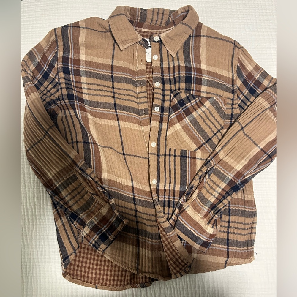 aerie Gauze Navy and Tan Button Up Flannel Shirt